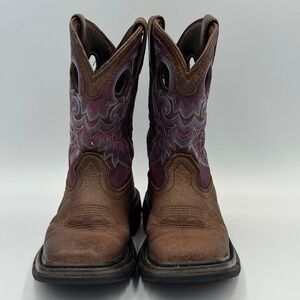 Rocky Kids Western Boots Brown Leather Purple Stitched Square Toe Pull On Boots